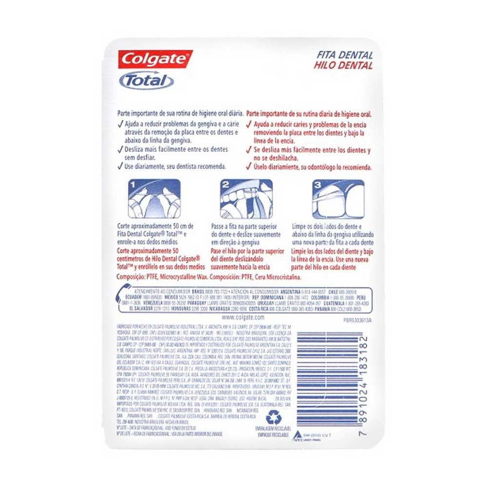 25 Meters Colgate Dental Floss Total ‚Easy to Use, Single Filament PTFE Fiber, Plaque & Inflammation Reduction
