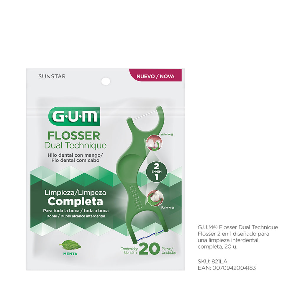 GUM Dental Floss with Handle (20 Units): Dual Technique 2-in-1 Flosser for Optimal Cleaning and Oral Hygiene